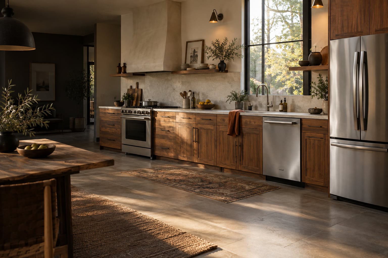 Illustrative kitchen with stainless steel refrigerator, range and dishwasher